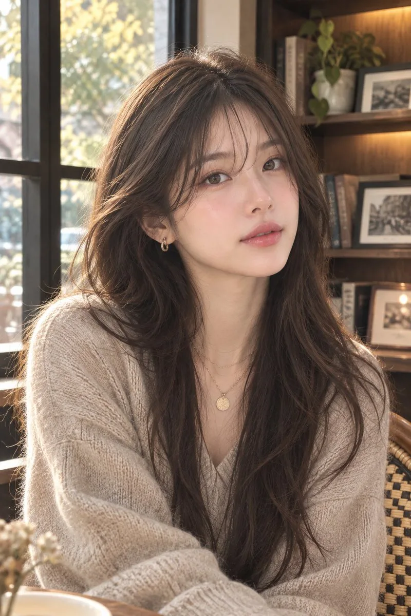 Young East Asian woman in a café with autumn greenery background.