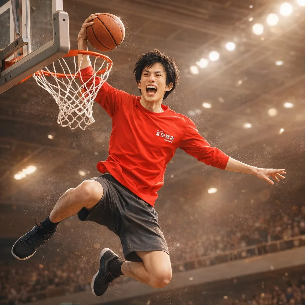 Basketball player performing a powerful slam dunk in mid-air