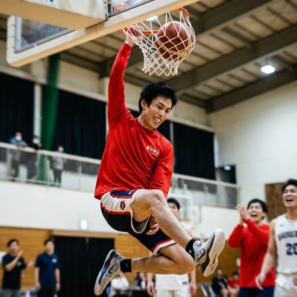 Basketball player performing a powerful slam dunk in mid-air (2)
