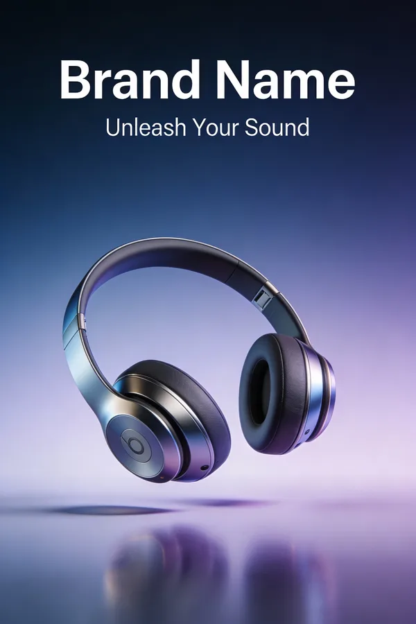 Modern wireless headphones floating in a minimalist zero-gravity product advertisement.