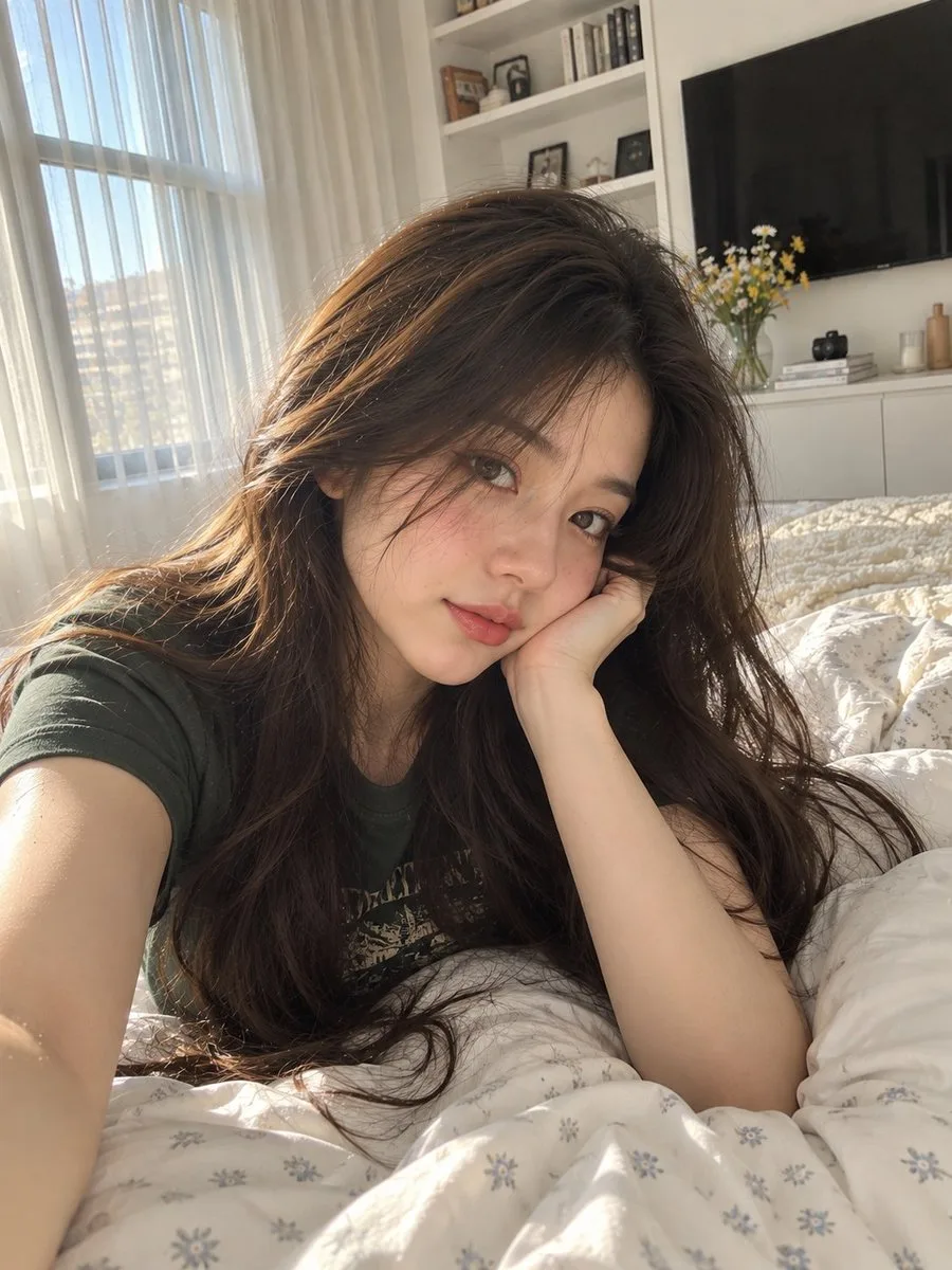 A young woman taking a candid selfie in a cozy, sunlit bedroom. (2)