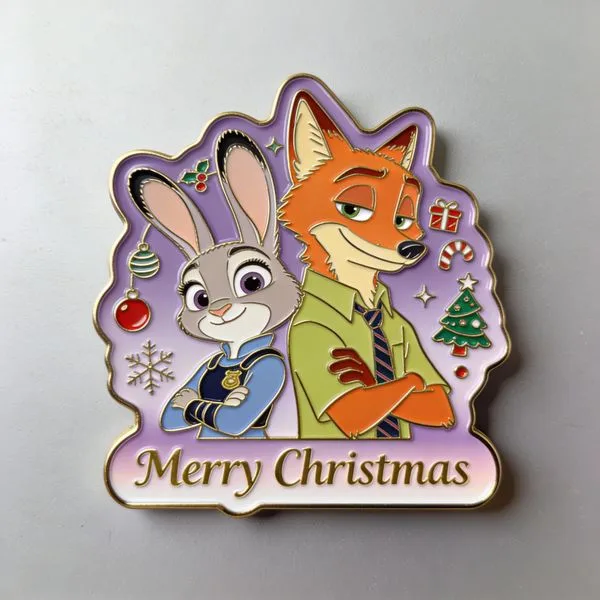 Zootopia themed Christmas enamel magnet with Judy Hopps and Nick Wilde