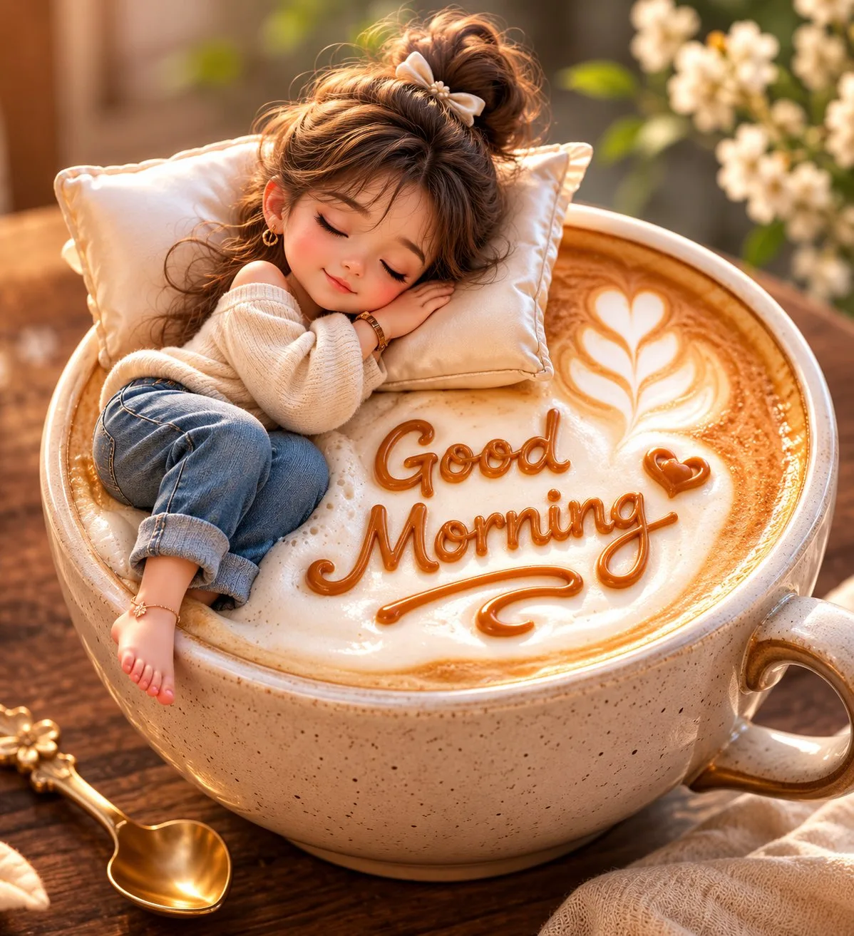 A cute chibi girl sleeping on a latte cup with Good Morning foam text.
