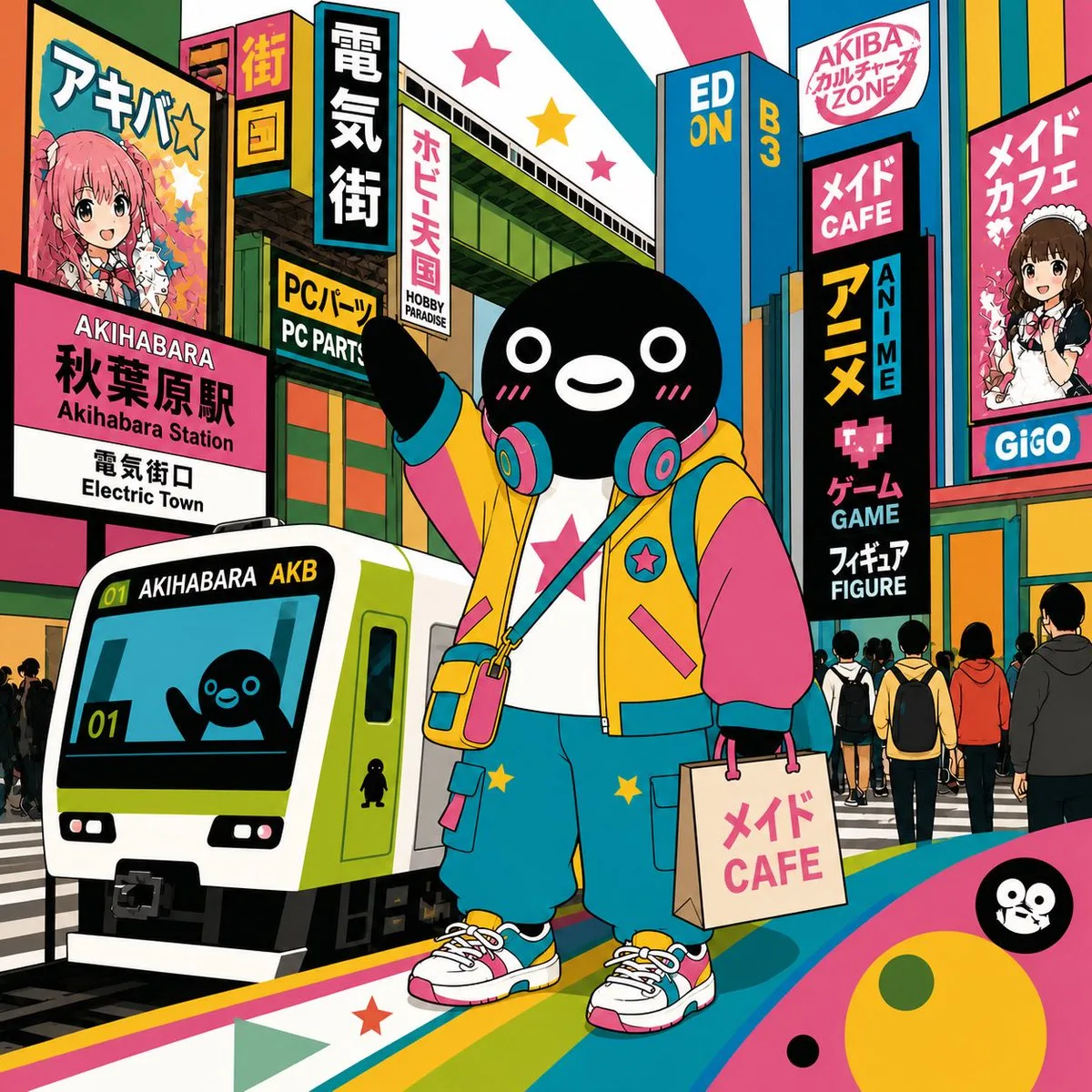 Pop art illustration of the Suica Penguin mascot in a colorful Akihabara street.