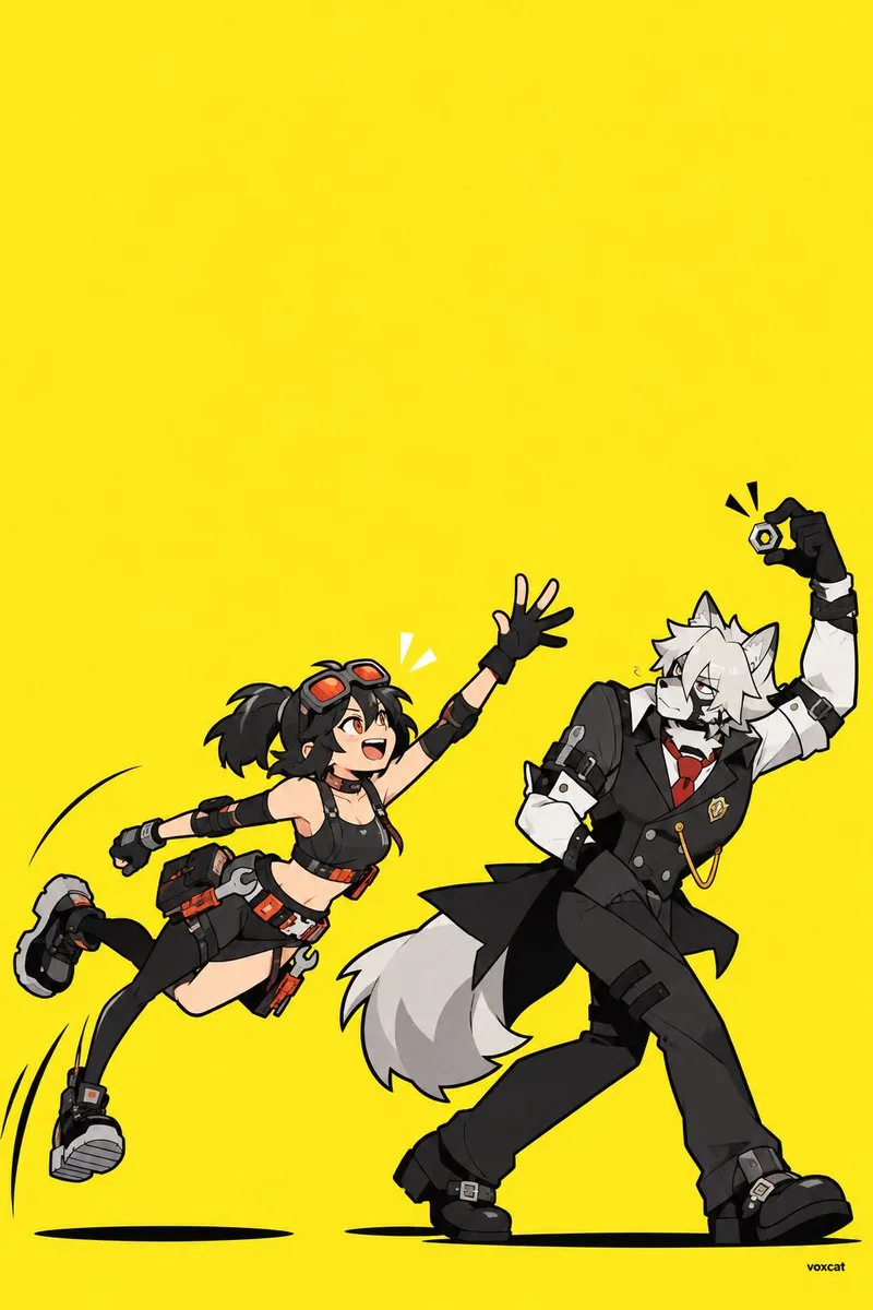 Two stylized geometric cartoon characters interacting in a dynamic, humorous pose with bold outlines.