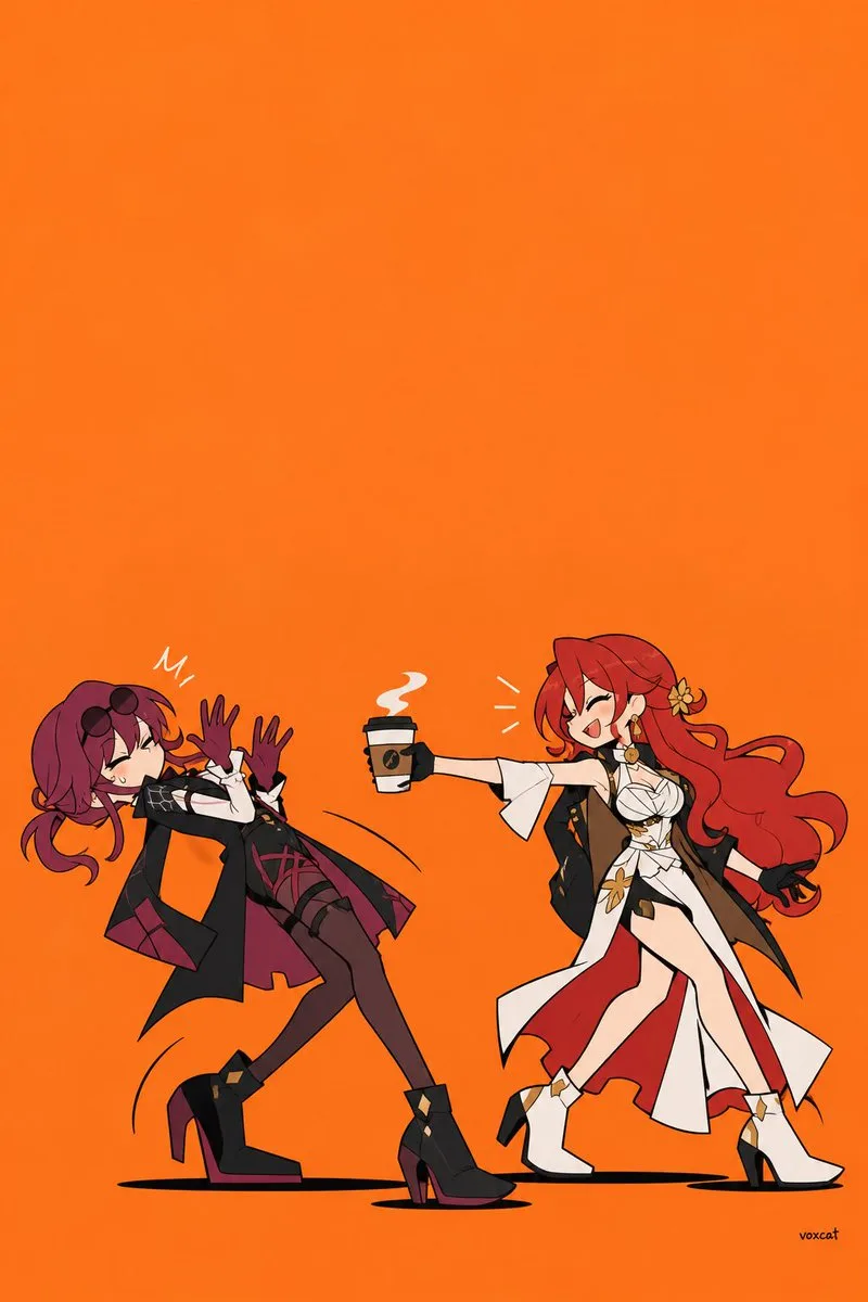 Two stylized geometric cartoon characters interacting in a dynamic, humorous pose with bold outlines. (2)