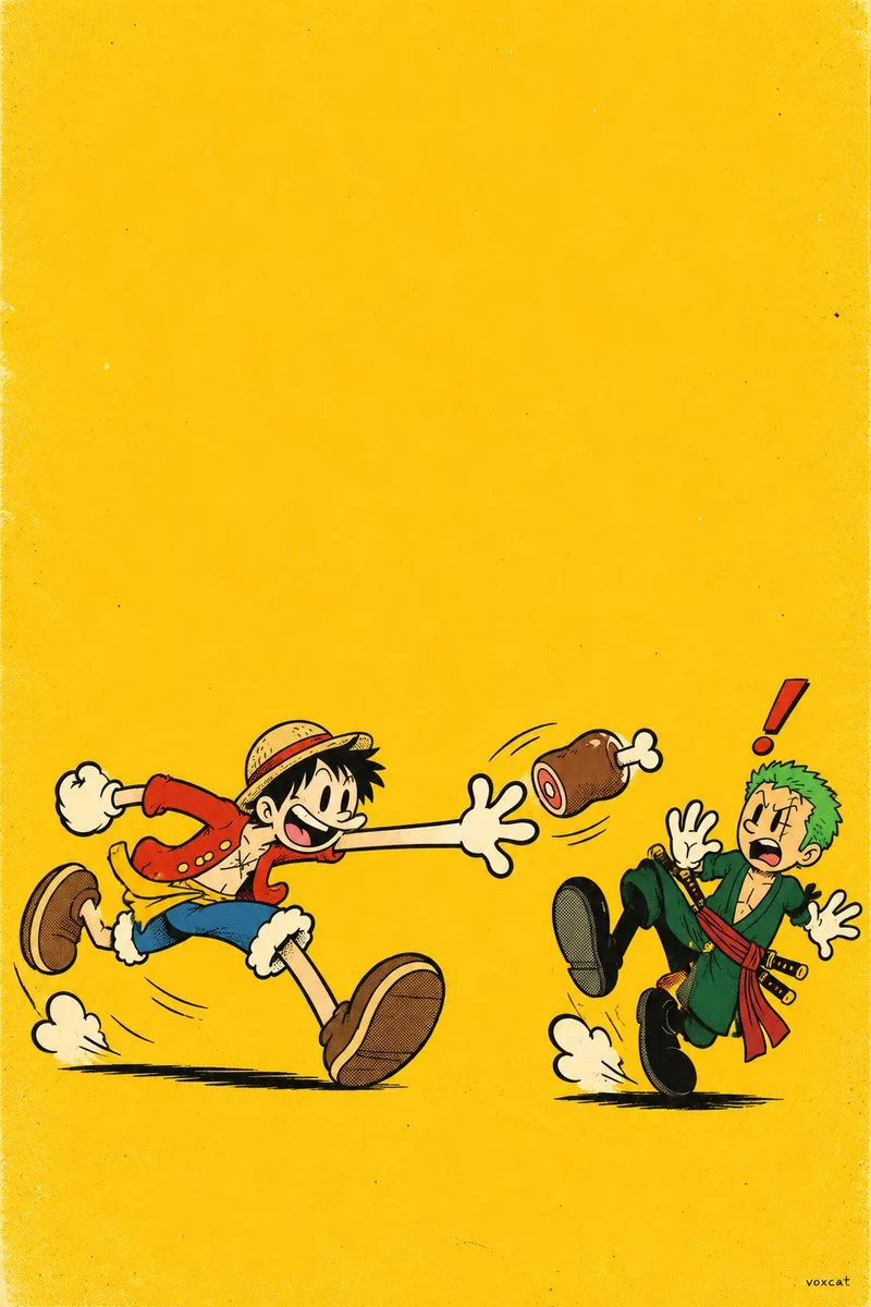 Two stylized geometric cartoon characters interacting in a dynamic, humorous pose with bold outlines. (3)