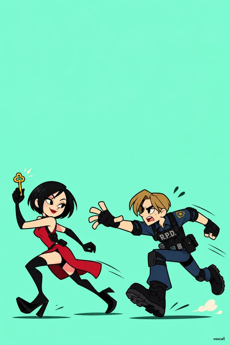 Two stylized geometric cartoon characters interacting in a dynamic, humorous pose with bold outlines. (4)