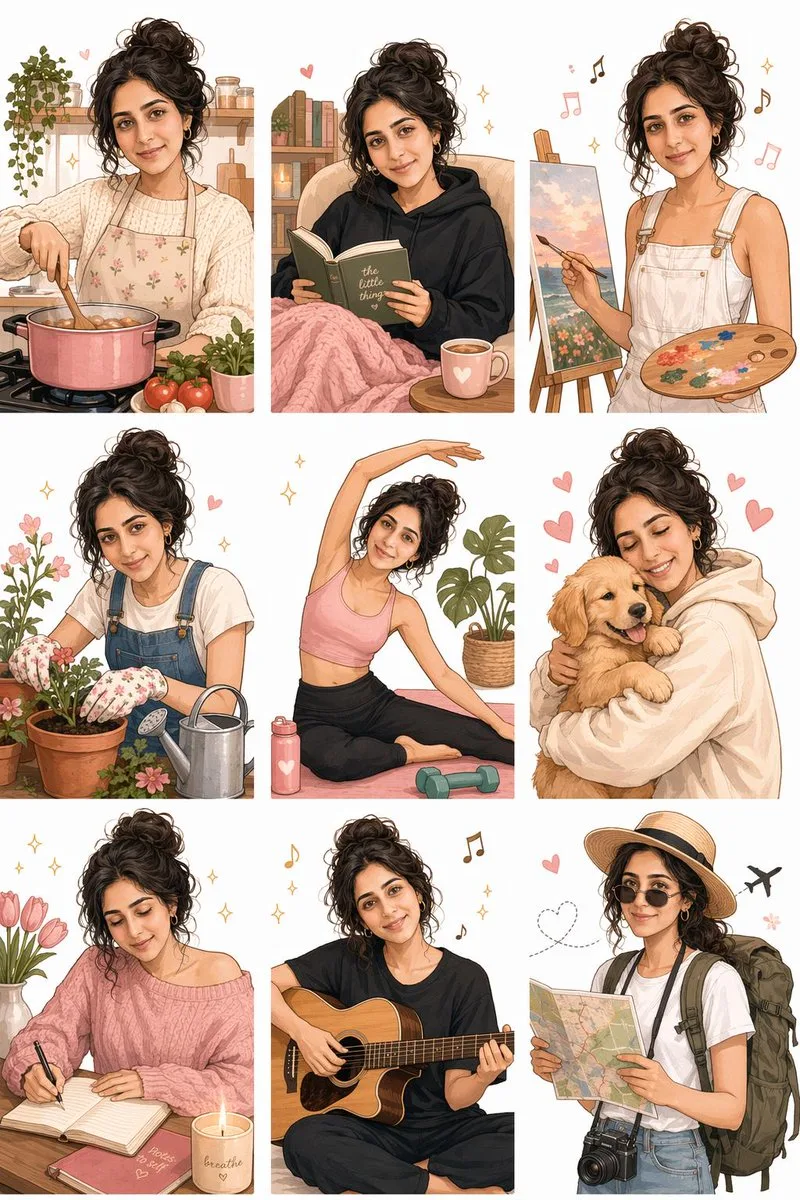 A 3x3 grid of cute illustrated sticker panels showing a young woman doing cozy daily activities.