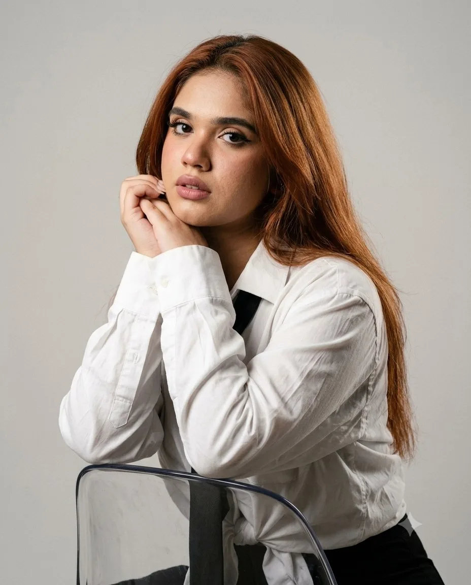 A woman in a white shirt and black tie sitting on a transparent chair.