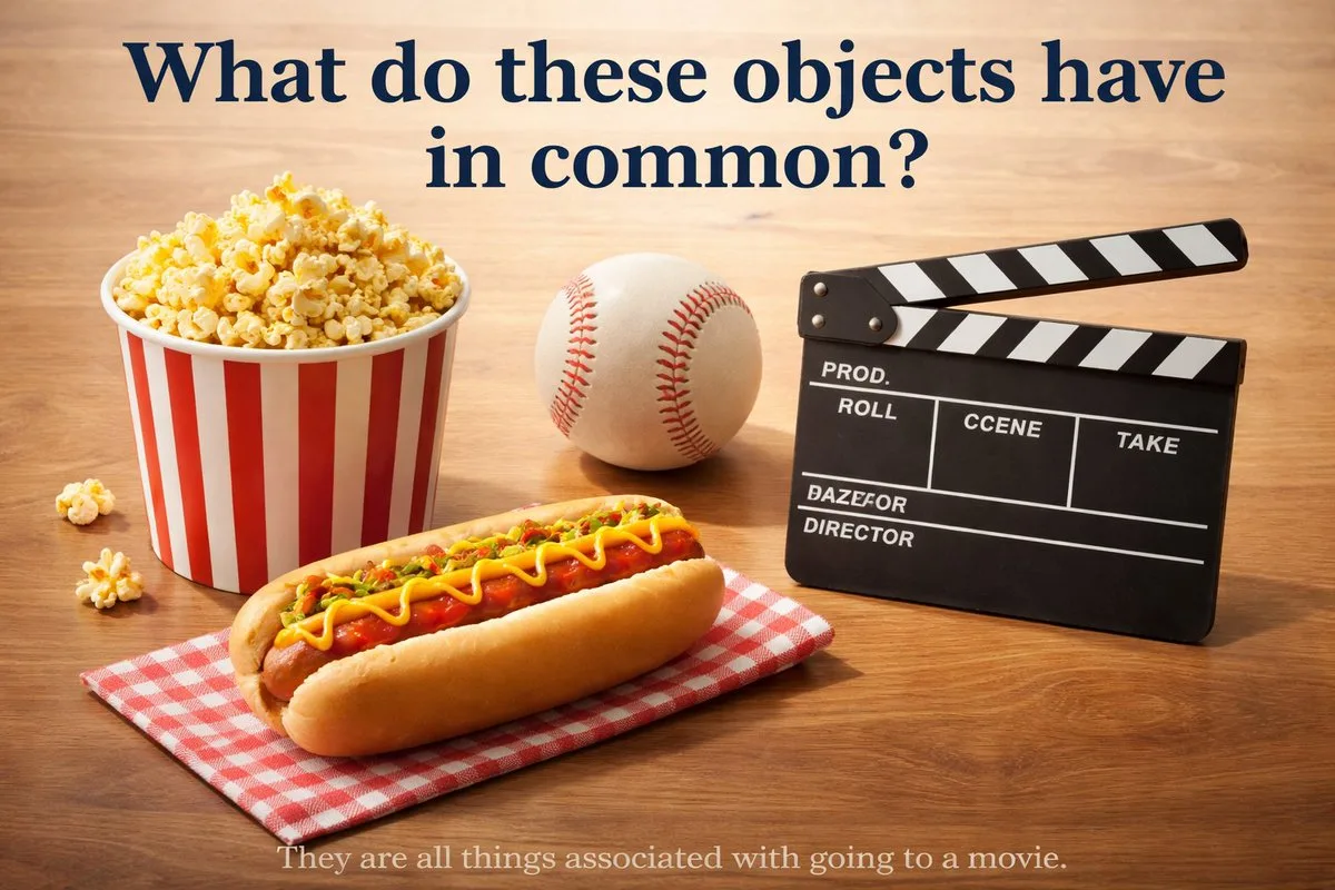 Four mysterious objects arranged on a wooden table as a visual puzzle. (4)