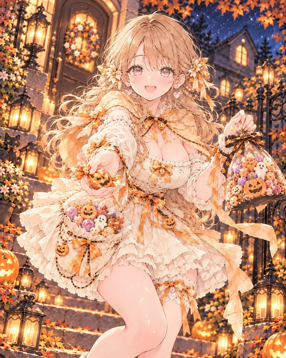 Anime girl in a Halloween dress holding candies and sharing sweets at night.