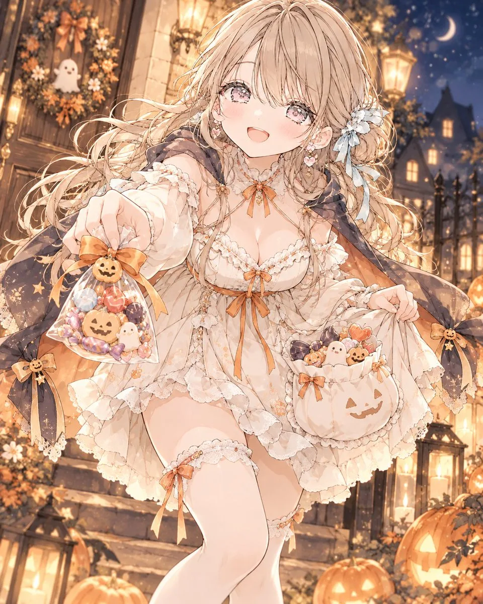 Anime girl in a Halloween dress holding candies and sharing sweets at night. (2)