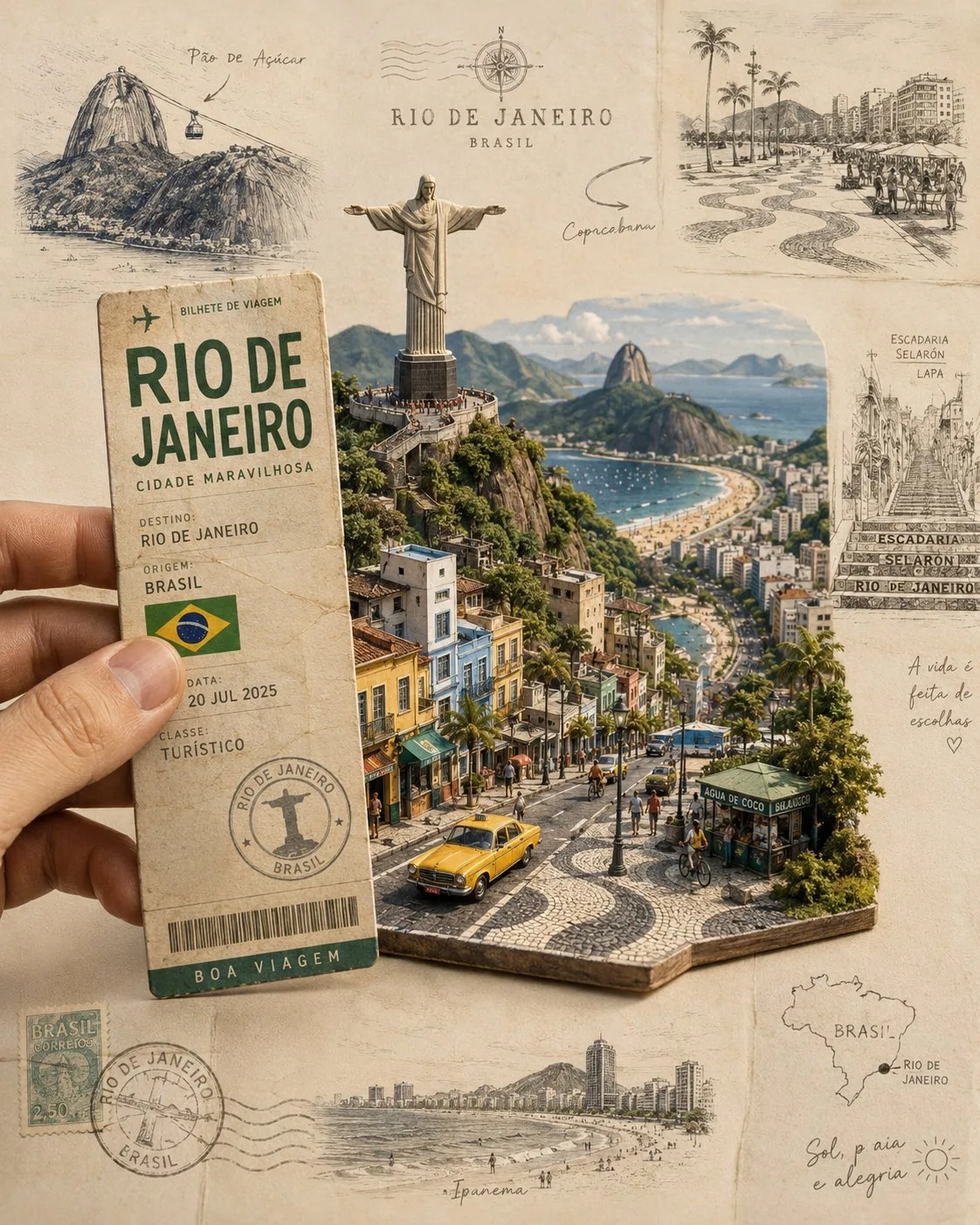 A miniature paper diorama of Rio de Janeiro held by a hand, surrounded by travel sketches.