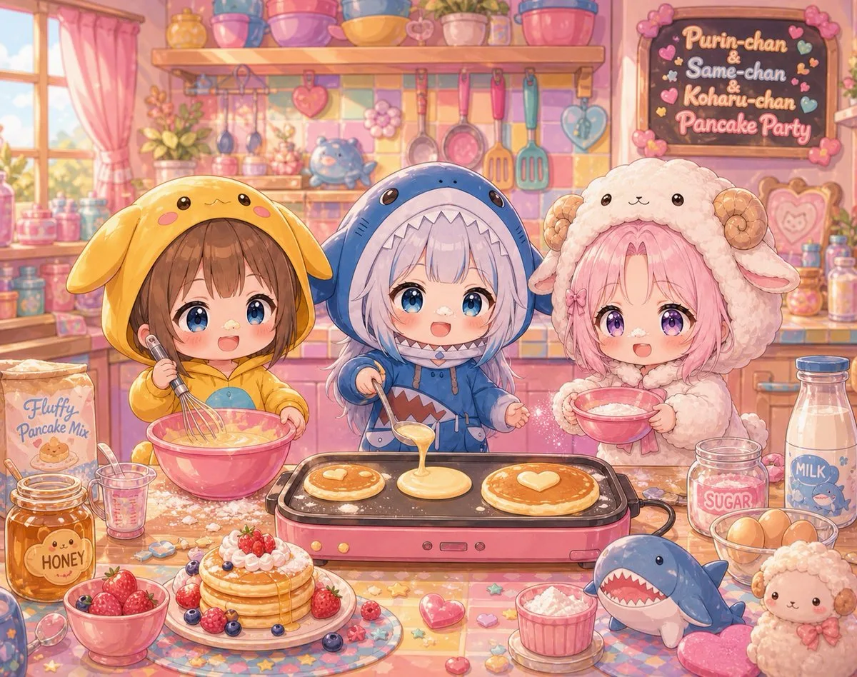 Three chibi girls in animal costumes cooking pancakes in a cozy pastel kitchen.