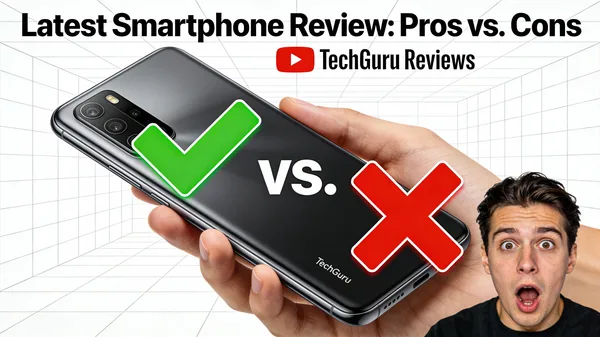 Smartphone review thumbnail with pros and cons icons and a surprised YouTuber.