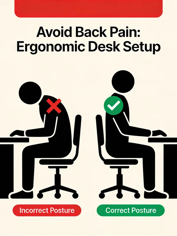 Infographic showing correct versus incorrect ergonomic desk posture for workplace safety.