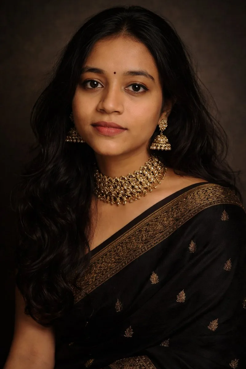 Editorial portrait of an Indian woman in a black and gold Sabyasachi saree.