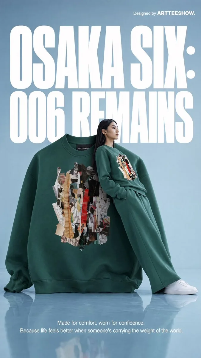 A fashion model posing next to an oversized green sweatshirt in a studio.