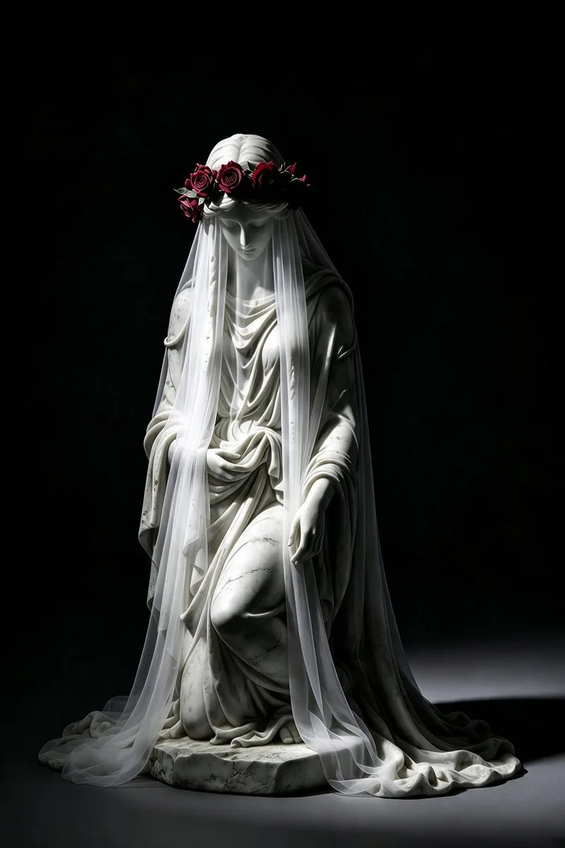 Kneeling white marble statue wearing a crown of red roses under dramatic lighting.
