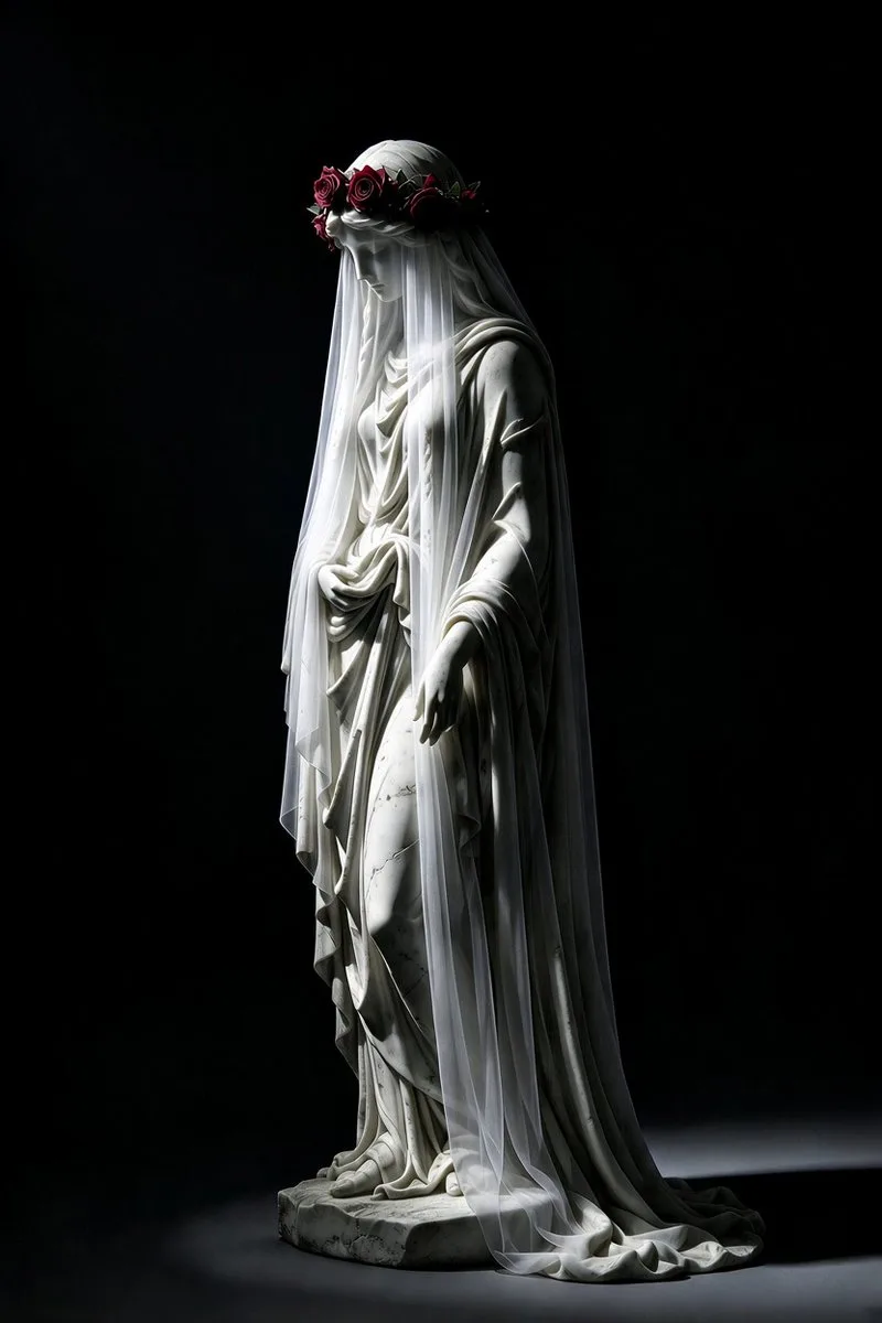 Kneeling white marble statue wearing a crown of red roses under dramatic lighting. (2)
