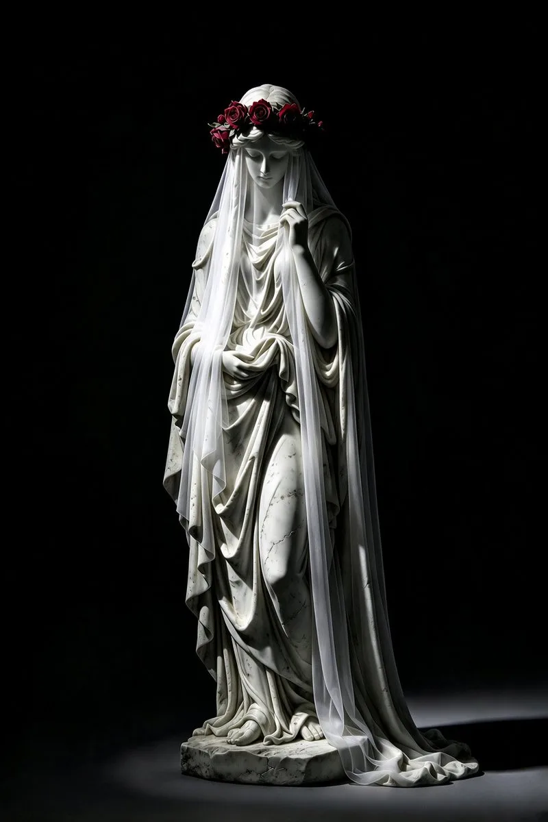 Kneeling white marble statue wearing a crown of red roses under dramatic lighting. (3)