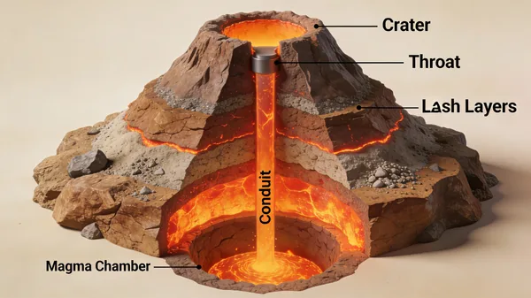 3D cutaway diagram of a volcano showing internal magma chamber and geological layers.