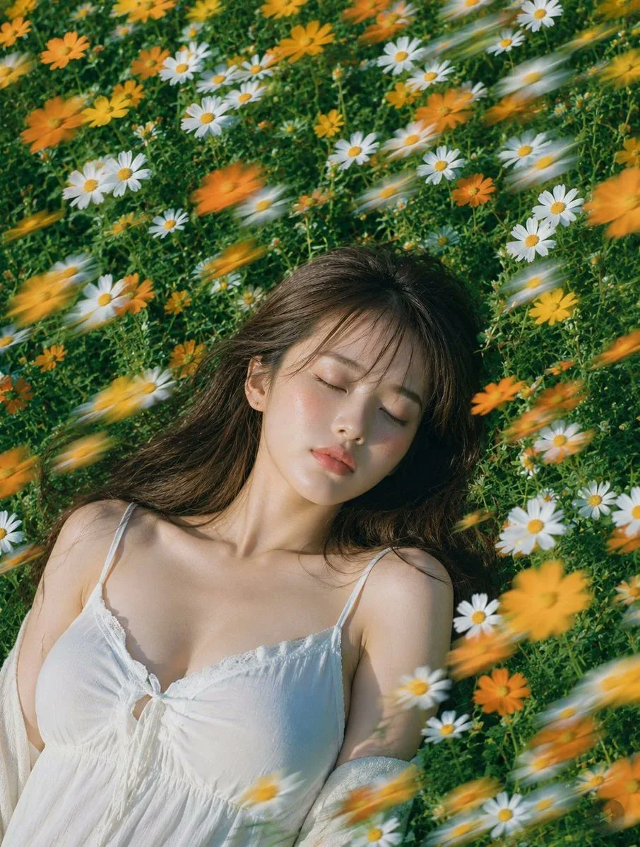 A woman with brown hair resting peacefully in a field of white and orange summer flowers.