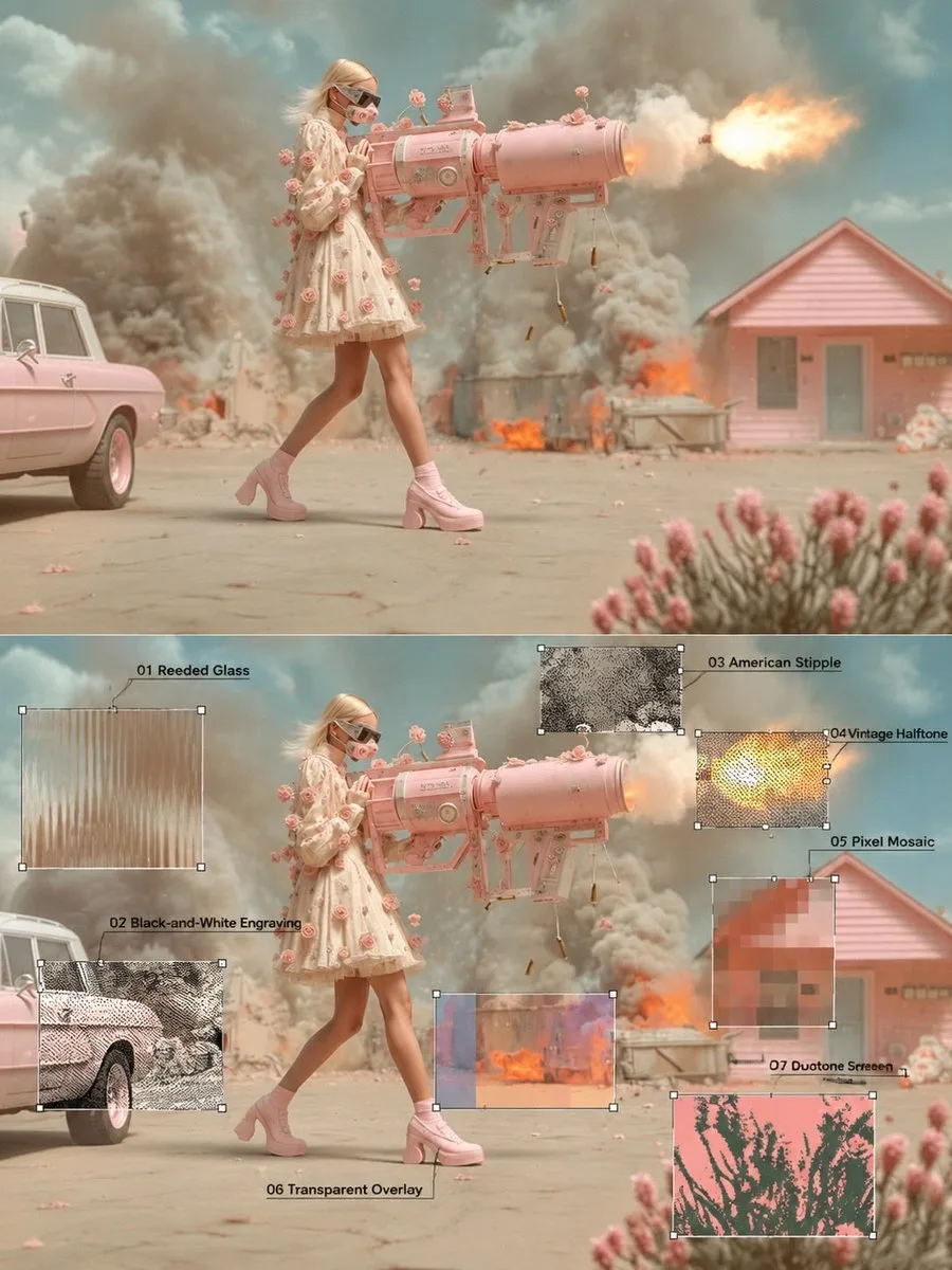 Stylish woman in pink holding a flaming sci-fi cannon in a surreal pink suburb