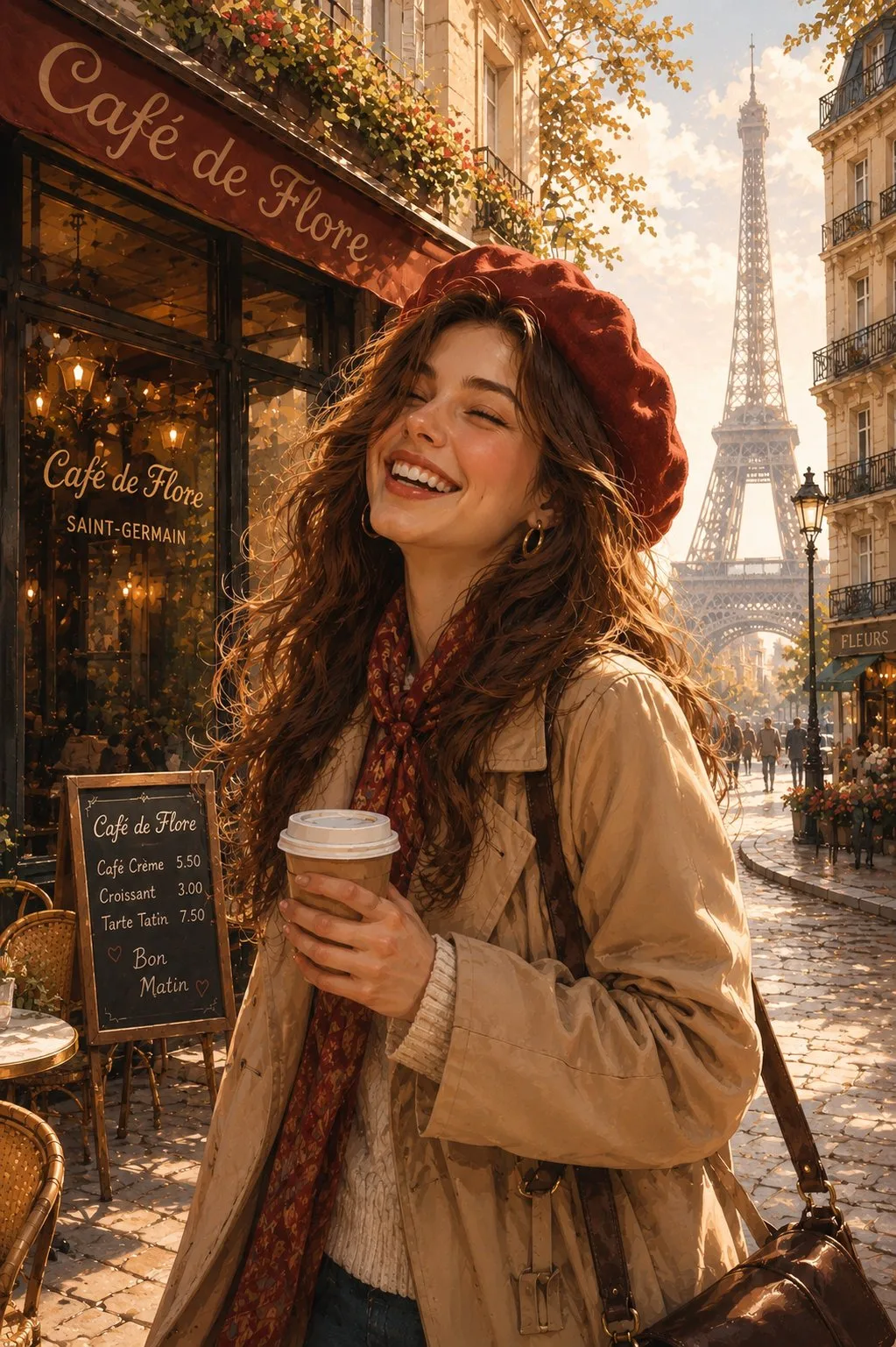 A happy woman in a beret holding a coffee cup on a Parisian street.