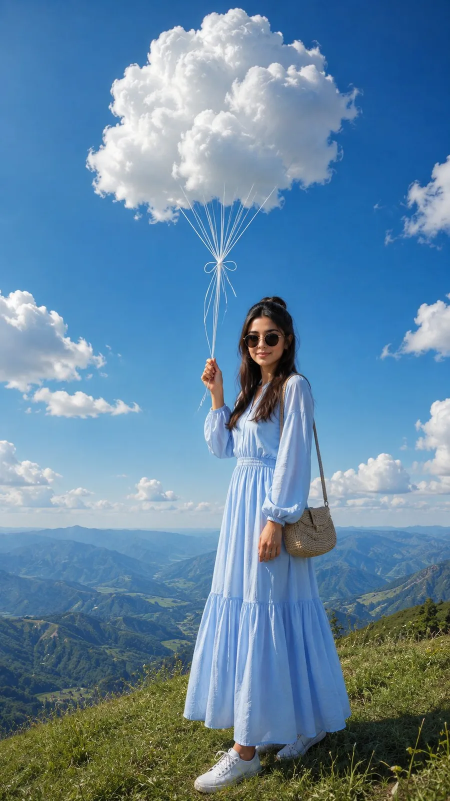 A woman in a modest blue dress holding strings attached to a giant floating cloud.