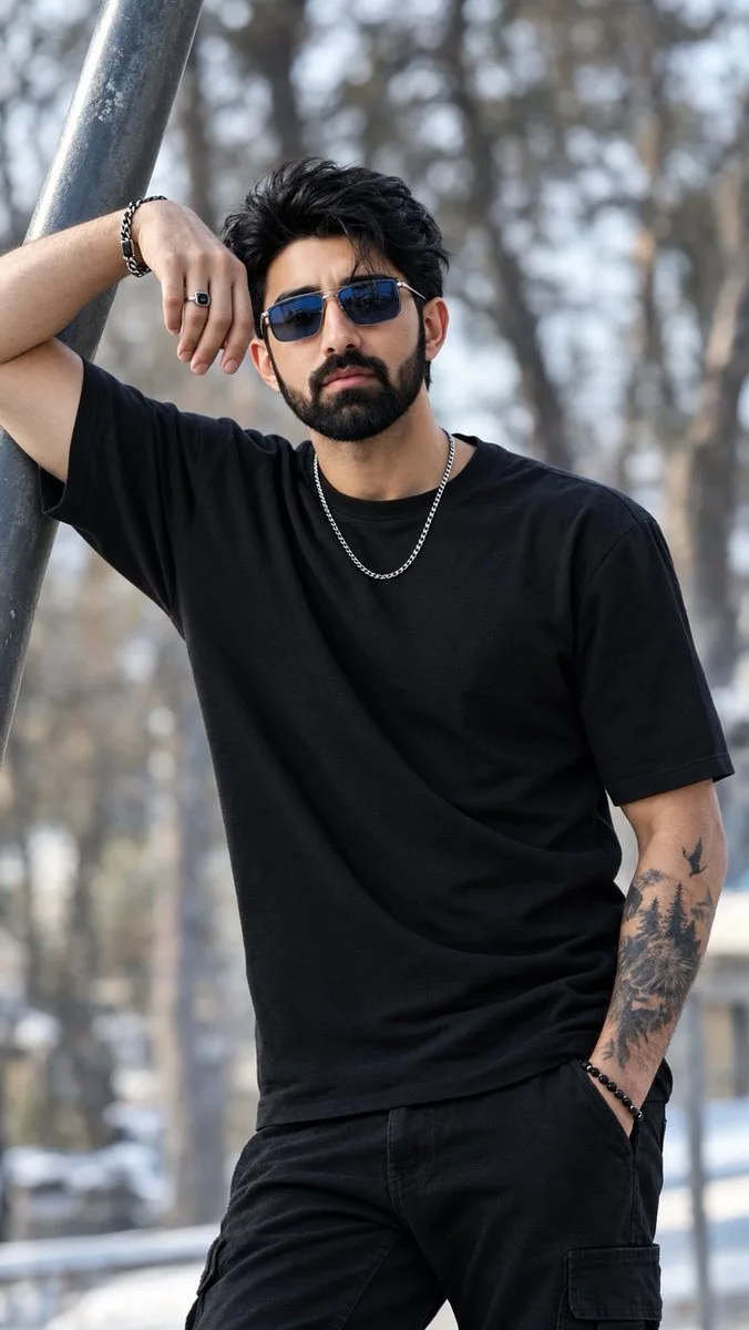 Stylish man in sunglasses and black t-shirt leaning against a pole outdoors.