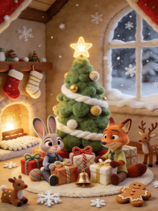 Wool felt Christmas poster with tree, gifts, and characters
