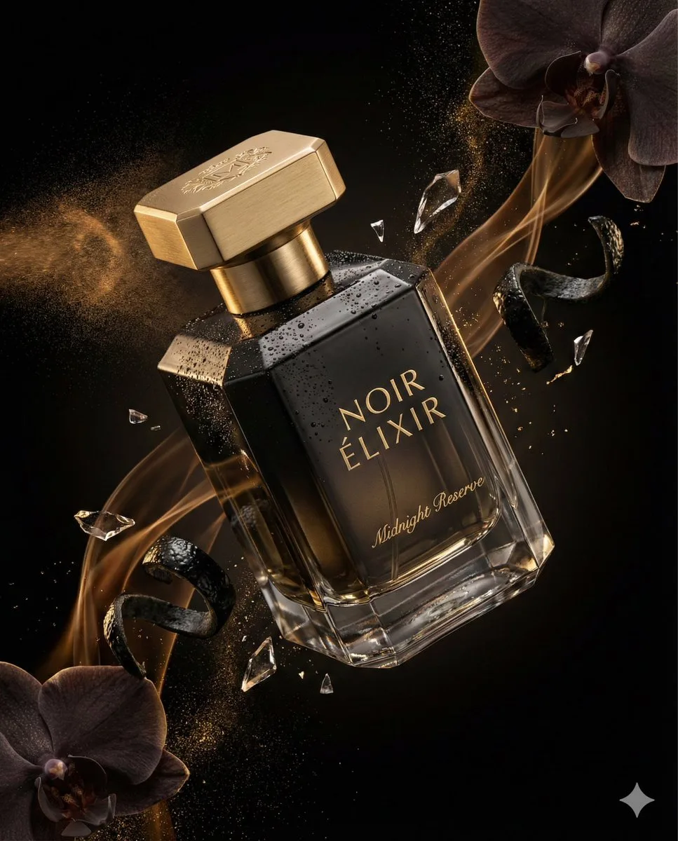 Luxury perfume bottle floating with gold dust and fragrance mist in a dark studio.
