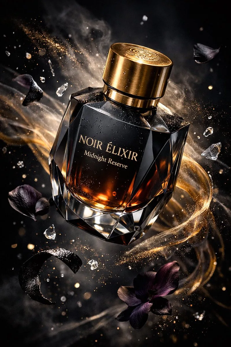 Luxury perfume bottle floating with gold dust and fragrance mist in a dark studio. (2)