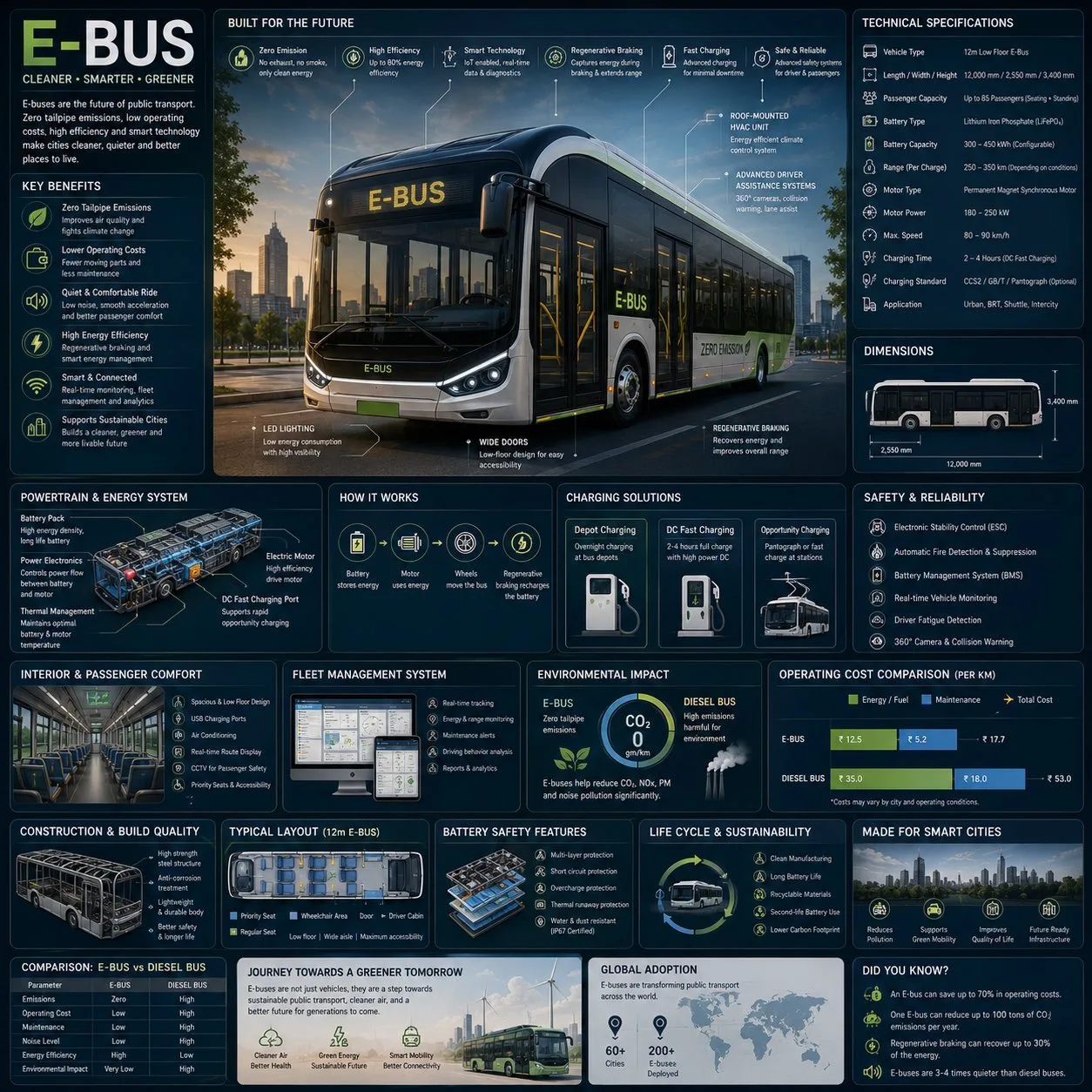 Futuristic electric city bus with technical engineering annotations and schematics.