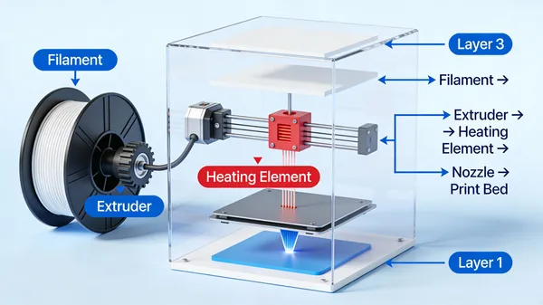 Educational 3D diagram showing the FDM 3D printing process flow.