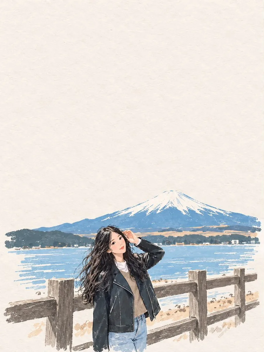 An artistic watercolor illustration of a person in a scenic Japanese landscape on textured paper.