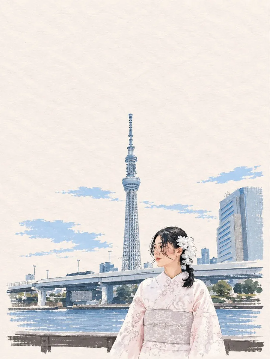 An artistic watercolor illustration of a person in a scenic Japanese landscape on textured paper. (2)