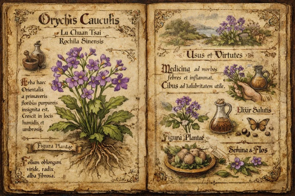 Antique botanical drawing of Orychophragmus violaceus on weathered parchment with handwritten notes.