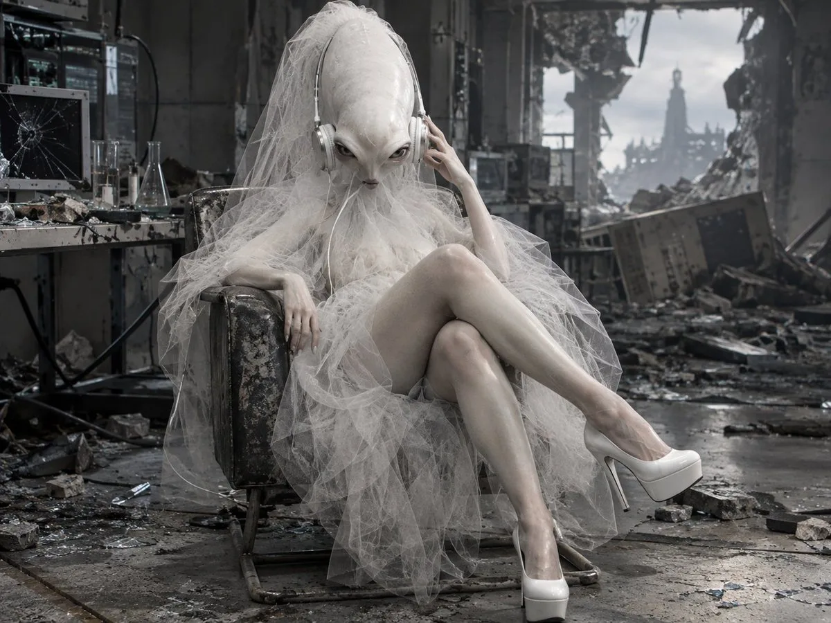 An alien bride in a white wedding dress sitting in a ruined laboratory.