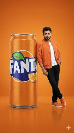 A stylish man leaning against an oversized soda can in a professional studio.