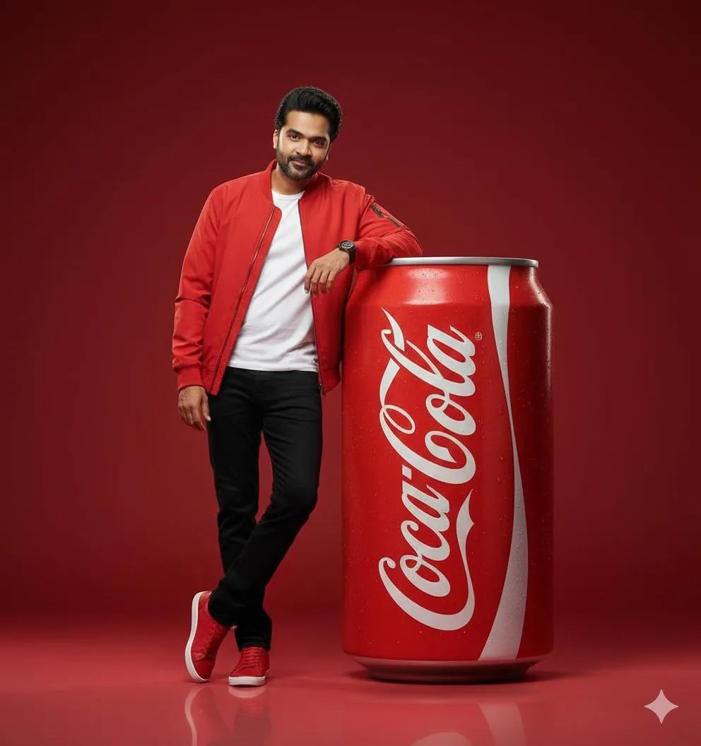 A stylish man leaning against an oversized soda can in a professional studio. (3)
