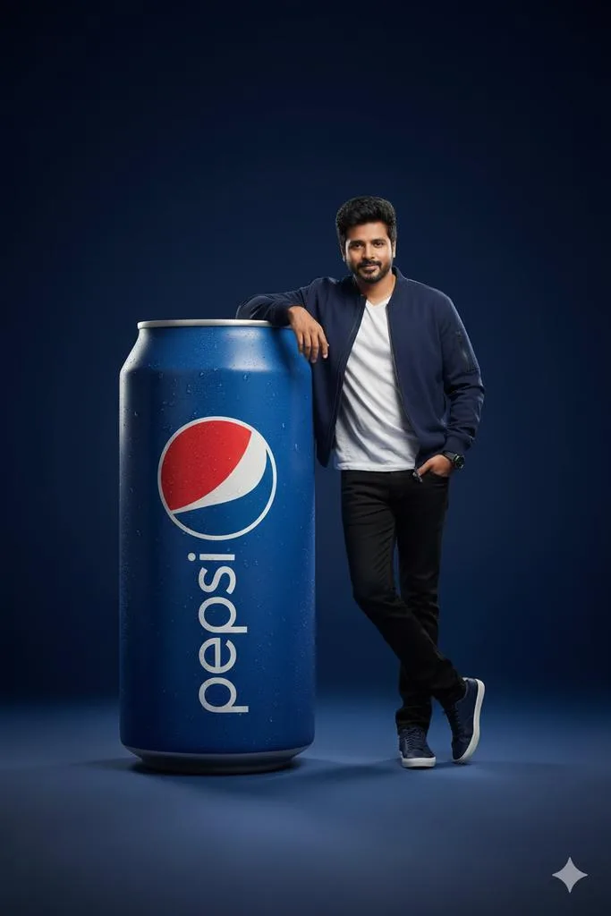 A stylish man leaning against an oversized soda can in a professional studio. (4)