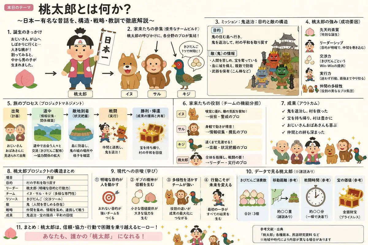 A complex infographic slide about Momotaro featuring cute characters in a professional corporate layout.