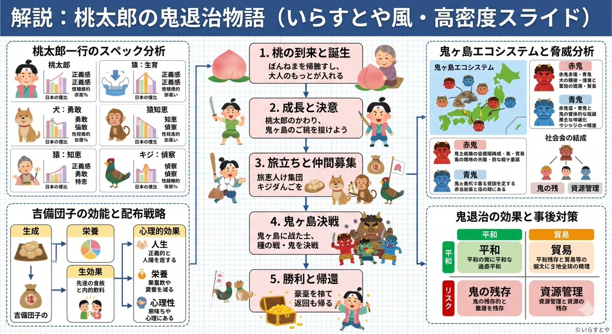 A complex infographic slide about Momotaro featuring cute characters in a professional corporate layout. (2)