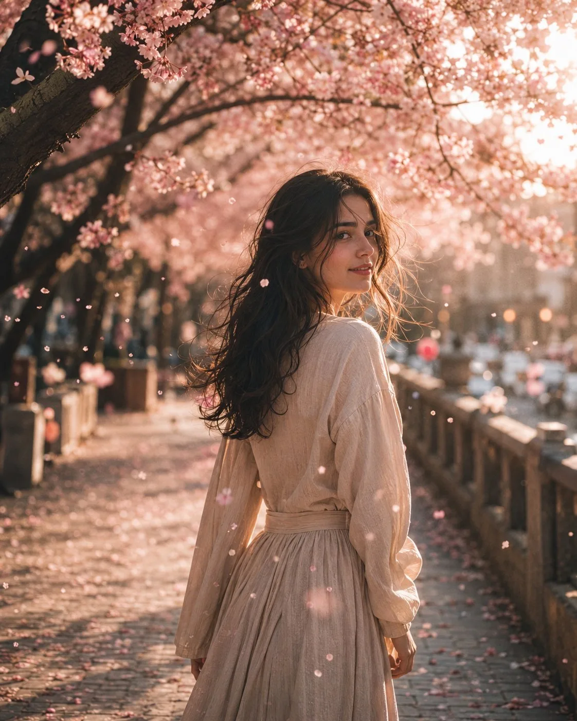 A woman in a linen dress walking through a cherry blossom forest in spring.