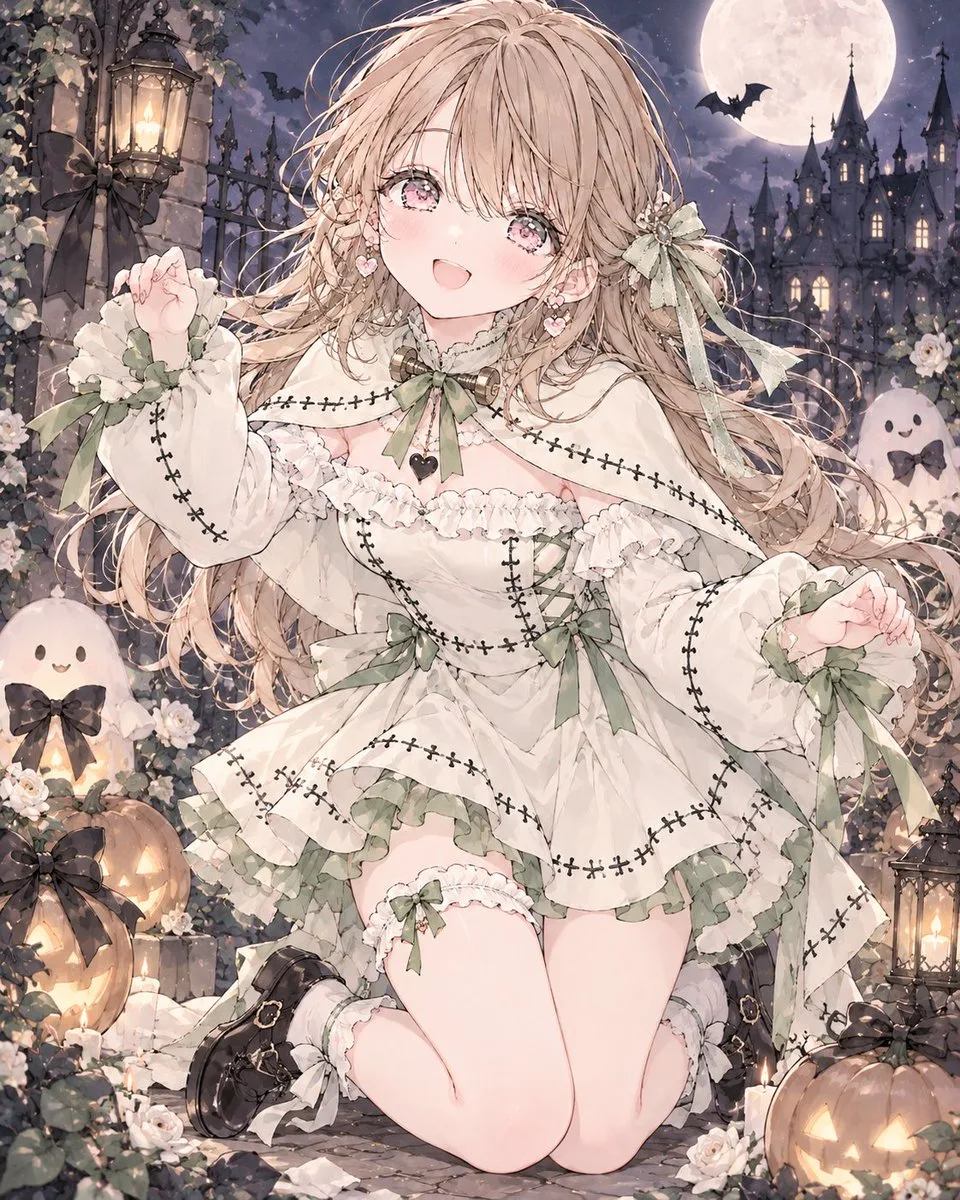 A happy girl in a Frankenstein-themed Halloween dress with decorative stitching.