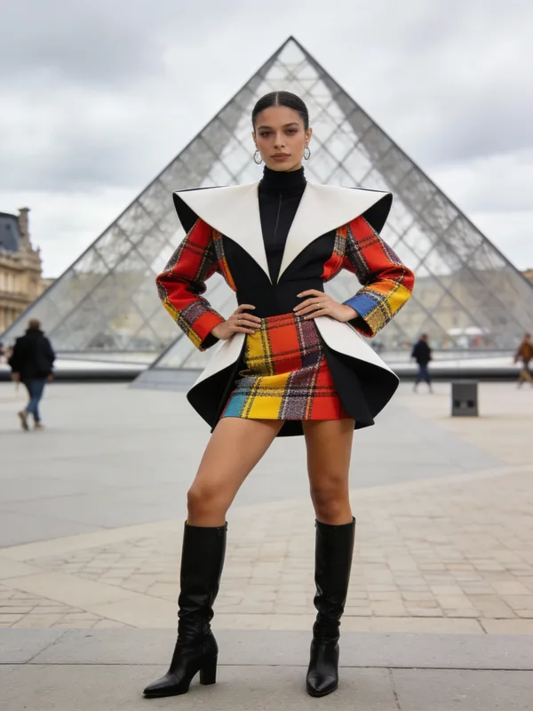 A fashion influencer posing in front of the Louvre Pyramid in Paris.