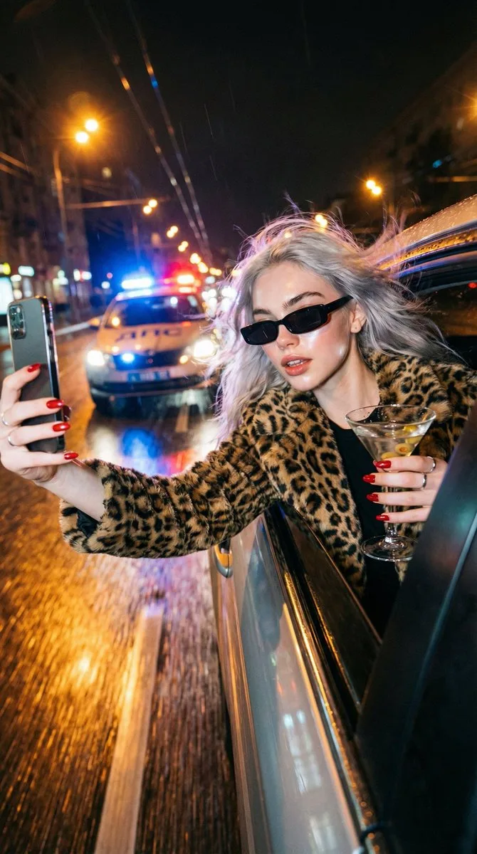 Stylish person taking a rainy night selfie during a high-speed car chase.